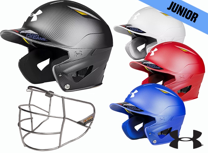 Image features a UA Batting helmet and facemask